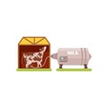 Cow and a milking machine, production of milk, dairy industry vector Illustration on a white background