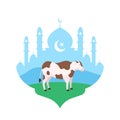 Cow at mosque courtyard vector flat illustration for Eid Al Adha the sacrifice of livestock animal muslim holiday poster