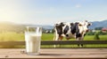 A cow near a wooden table with a glass of milk against the background of a field. Generative AI Royalty Free Stock Photo