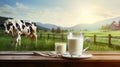 A cow near a wooden table with a glass of milk against the background of a field. Generative AI Royalty Free Stock Photo