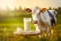A cow near a wooden table with a glass of milk against the background of a field Royalty Free Stock Photo