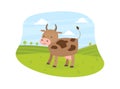 Cow Pasturing on Meadow, Summer Rural Landscape Vector Illustration