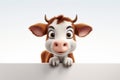 cow peeking out from behind a blank board - 3d illustration Royalty Free Stock Photo