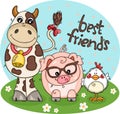 Cow, pig and chicken of best farm friends illustration