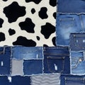 Cow Print and Denim Patchwork Fabric Background Royalty Free Stock Photo