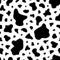 Cow print seamless pattern. Repeated black spot cow on white background. Milk texture for design prints. Repeating dapple skin. Re