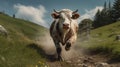 Powerful And Emotive Portraiture: A Stunning Image Of A Cow Running In A Grassy Field