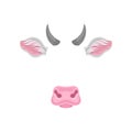 Cow s face elements - ears, nose and horns. Carnival mask of domestic animal. Detailed flat vector design for sticker of Royalty Free Stock Photo