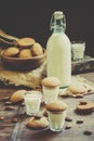 Cow`s milk in the bottle and a glass and cookies with almond vin