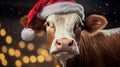 Cow in a Santa Claus hat on a background of bokeh lights, portrait of a pet, copy space, Concept of the Year of Ox