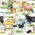 Cow seamless pattern. rural landscape. Royalty Free Stock Photo