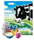 Cow with a set of dairy products.