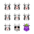 Cow set emoji avatar. sad and angry face. guilty and sleeping. Farm animal sleeping emotion face. Vector illustration