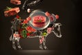 Cow silhouette, artificial meat, beef vat grown in lab. Concept collage, illustration, to illustrate new technology with AI