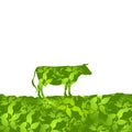 Cow silhouette graze in the field, landscape, grass, pasture. green background. Vector Royalty Free Stock Photo