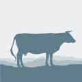 Cow silhouette graze in the field, landscape, sky, grass, pasture. Blue, gray background. Vector Royalty Free Stock Photo