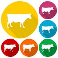 Cow silhouette icons set with long shadow Royalty Free Stock Photo
