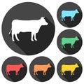 Cow silhouette icons set with long shadow Royalty Free Stock Photo