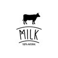 Cow Silhouette Label. Milk Badge 100 Natural. Vector Illustration.