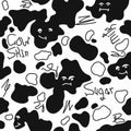 Cow skin texture, black and white spot repeated seamless pattern. Animal print stains. Vector Royalty Free Stock Photo