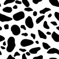 Cow skin texture, black and white spot repeated seamless pattern. Animal print dalmatian dog stains. Vector Royalty Free Stock Photo