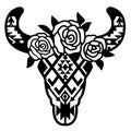 Cow skull with traditional aztec ornament and flowers on head. Vector print art black graphic illustration isolated