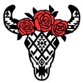 Cow skull with traditional aztec ornament and red flowers on head. Vector print art black graphic illustration isolated