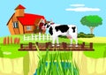 Cow standing on the bridge over the river, countryside landscape