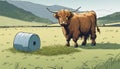 A cow standing in a field next to a blue barrel