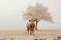 a cow standing in a field next to a tree Royalty Free Stock Photo