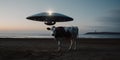 A cow is standing in front of an ufo ship light at the beach, in the style of portraitures with hidden meanings, concept Royalty Free Stock Photo