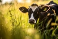 A cow standing in grass swatting flies with it s tail AI generated Royalty Free Stock Photo