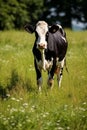 A cow standing in grass swatting flies with it s tail AI generated Royalty Free Stock Photo