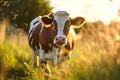 A cow standing in grass swatting flies with it s tail AI generated Royalty Free Stock Photo