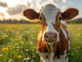 A cow is standing in a green field. Young calf is standing in field with buttercups Royalty Free Stock Photo