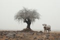 a cow standing next to a tree in a dry field Royalty Free Stock Photo