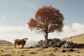 a cow standing next to a tree in a field Royalty Free Stock Photo