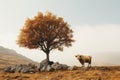 a cow standing next to a tree in a field Royalty Free Stock Photo