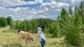 Girl stroking a cow on the nose in the forest. Animal care Royalty Free Stock Photo