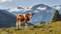 Cow stands in high alpine meadow, snowy mountains behind. Generative AI