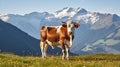 Cow stands in high alpine meadow, snowy mountains behind. Generative AI