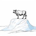 Cow On Glacier: Clean Line Drawing With White Backdrop