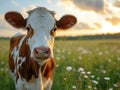 Cow on summer pasture. Young calf is standing in field Royalty Free Stock Photo