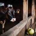Cow in the sun. Cattle, domestic animal. Care and feeding of living creatures in the stall. Royalty Free Stock Photo