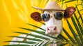 Cow with sunglasses and hat under palm leaf on yellow summer background. Generative Ai Royalty Free Stock Photo