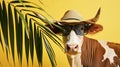 Cow with sunglasses and hat under palm leaf on yellow summer background. Generative Ai Royalty Free Stock Photo