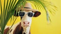 Cow with sunglasses and hat under palm leaf on yellow summer background. Generative Ai Royalty Free Stock Photo