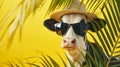 Cow with sunglasses and hat under palm leaf on yellow summer background. Generative Ai Royalty Free Stock Photo