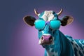 Cow in sunglasses portrait on black backround. Cow on vibrant backround. Generative AI.
