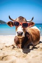 A cow with sunglasses sunbathing on the beach sand in summertime Generative AI Illustration Royalty Free Stock Photo